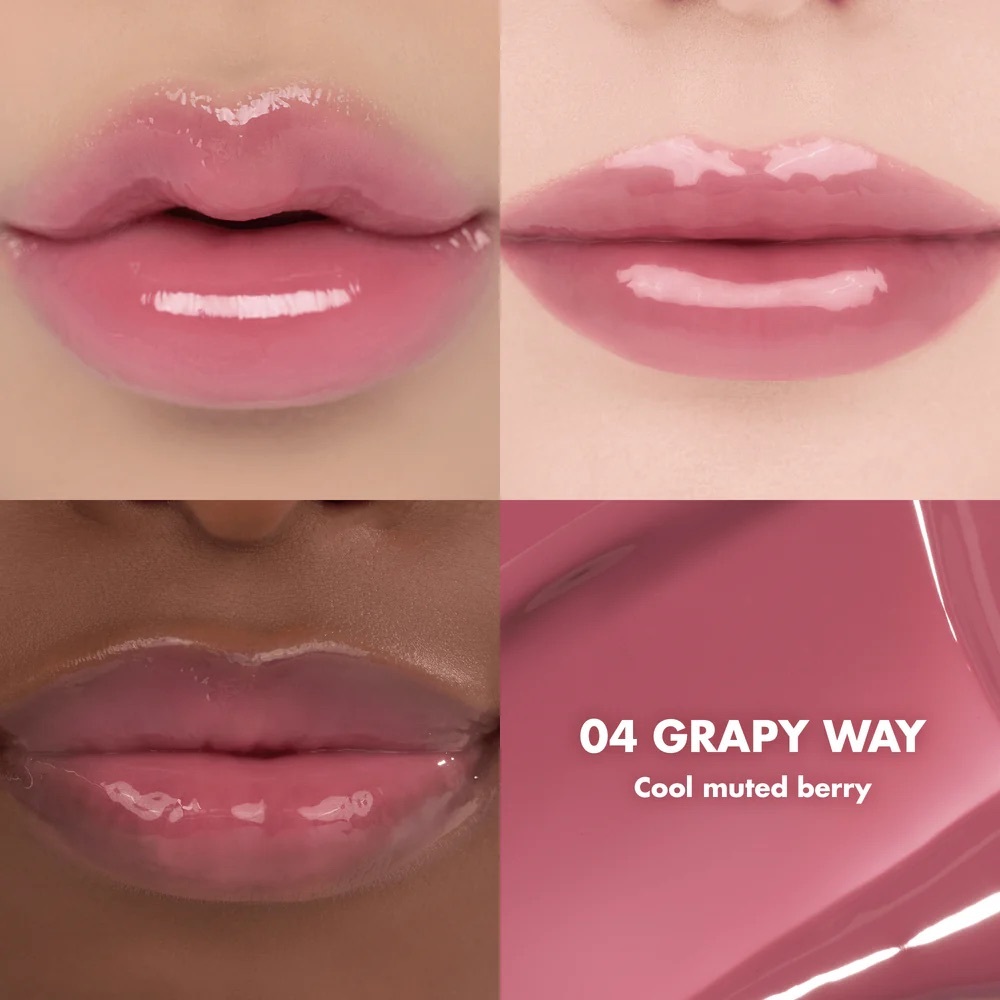 Rom&nd 04 Grapy Way Glasting Color Gloss- muted cool tone deep mauve, high shine